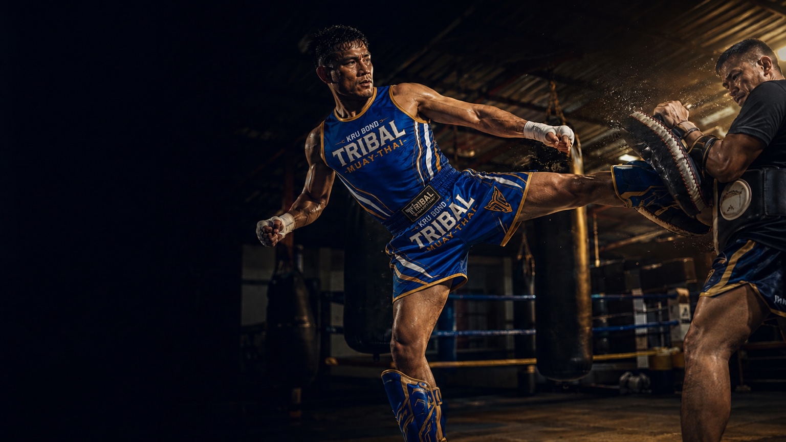 Tribal Muay Thai athlete training in the blue and gold matching set